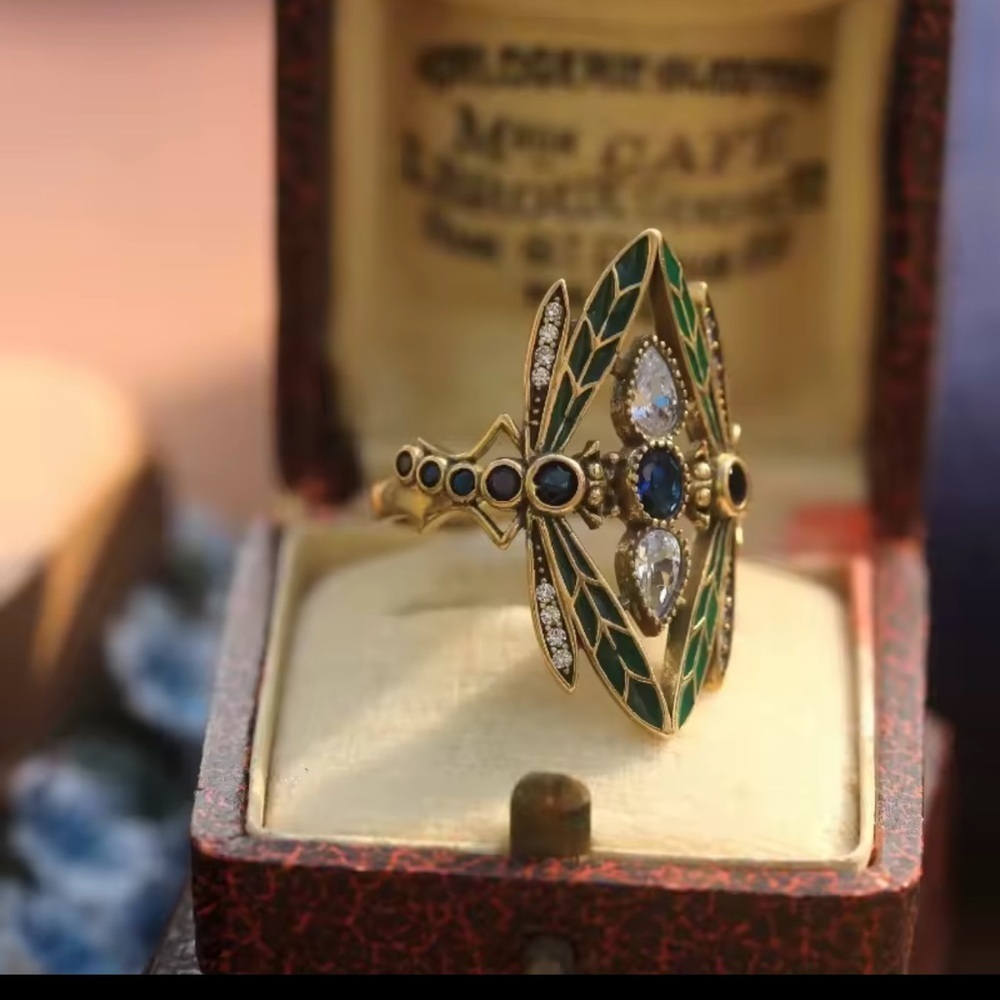 Vintage Enamel Art Deco Ring – Blue Crystal Gold Statement Jewelry - Picture 11 of 11